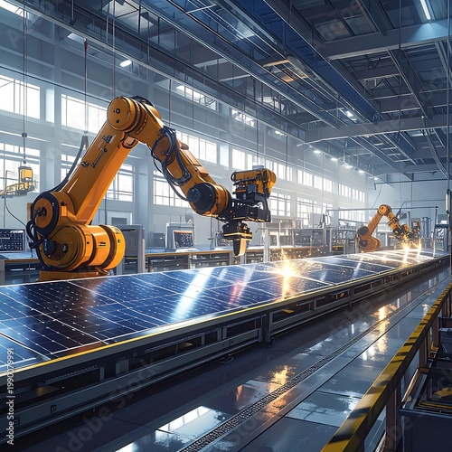 Industrial robots assembling solar panels on production line