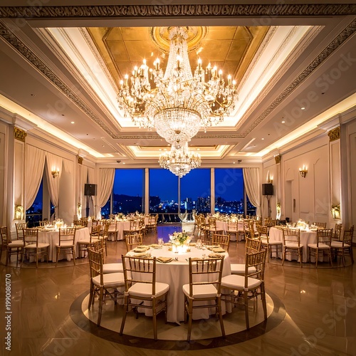 Luxurious banquet hall with elegant chandeliers and city view