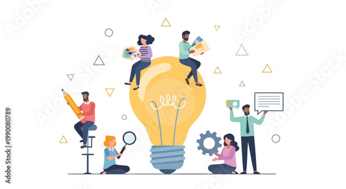 Creative team, brainstorming, lightbulb moment, innovation icons, vector set