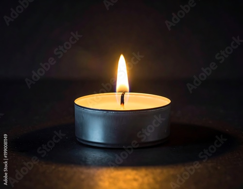 A lit tealight candle casting a warm glow on a dark surface