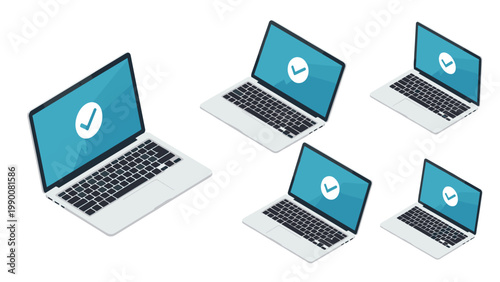 Set of laptops in different sizes and perspectives displaying a white checkmark on a blue screen for success or completion.