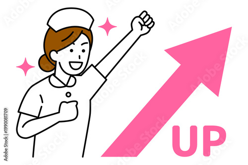 上昇する矢印とガッツポーズで喜ぶ女性看護師