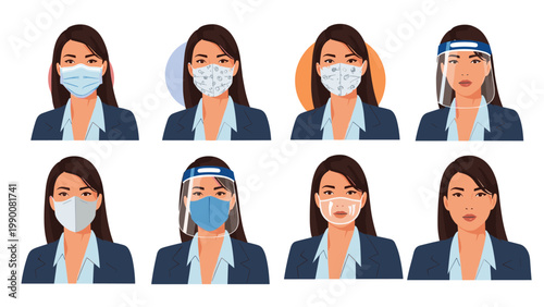 Set of diverse illustrations showing a professional woman wearing various protective face masks and transparent shields.
