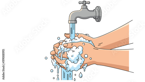 Close up illustration shows human hands being thoroughly washed with soap bubbles under a stream of water from a tap.