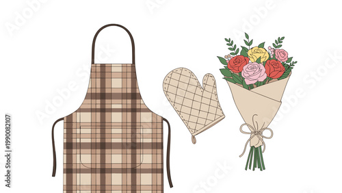 Thoughtful Mother's Day gift set features a plaid apron, a quilted oven mitt, and a colorful bouquet of flowers.