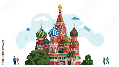 Detailed illustration of Saint Basil's Cathedral in Moscow shows its colorful domes and traditional Russian architecture.