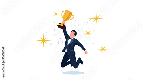 Successful businessman in a tuxedo jumping joyfully while holding a golden trophy cup surrounded by sparkling star icons.