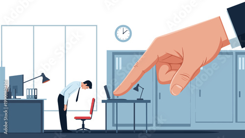 Giant hand pointing at a small office worker bowing down in a corporate environment showing workplace pressure and power.