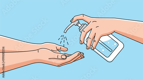Close-up illustration of hands using a liquid hand sanitizer pump bottle to maintain hygiene and prevent the spread of germs.