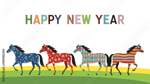 Group of four patterned horses running across a green field with the words Happy New Year displayed in colorful text.