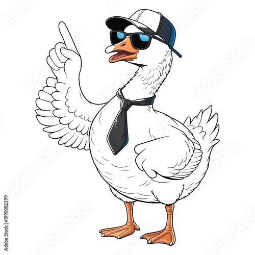 Cartoon gray goose wearing baseball cap and sunglasses pointing up, dressed in a black tie, funny bird character