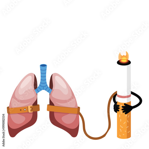Conceptual illustration showing human lungs constrained by leather belt connected to giant cigarette character symbolizing tobacco addiction