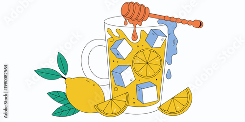 Colorful vector illustration of refreshing iced lemon honey tea with ice cubes and slices refreshing beverage illustration background quencher cocktail lemonade wellness breakfast delicious