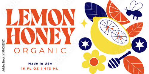 Retro style organic lemon honey product label design with bee and citrus illustrations packaging illustration typography identity branding wellness boutique handcrafted american breakfast