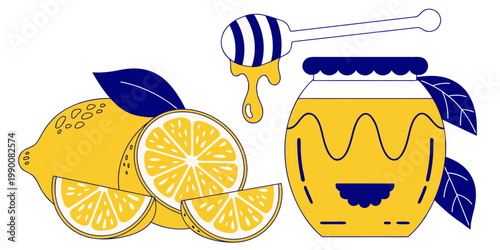 Fresh yellow lemons and sweet golden honey in a jar with a dipper healthy natural food ingredients vector illustration dripping ingredient natural remedy beverage refreshing illustration