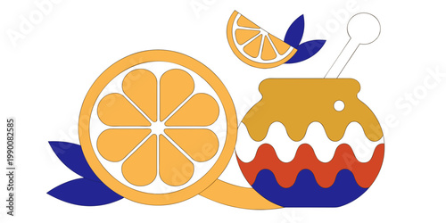 Sweet honey pot with dipper and fresh orange slices with leaves illustration healthy food concept ingredient natural remedy beverage refreshing illustration delicious nutrition wellness