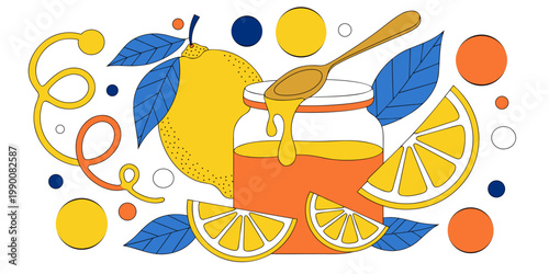 Illustration of fresh lemons golden honey jar spoon with abstract decorative elements dripping ingredient natural remedy beverage refreshing illustration delicious nutrition wellness