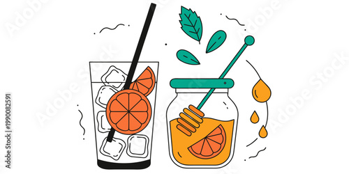 Minimalist line art illustration of a refreshing glass of iced water with orange slices and a jar of sweet honey with a wooden dipper and fresh mint leaves beverage refreshing breakfast ingredient