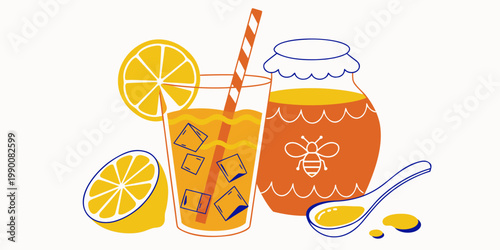 Stylized vector illustration of a glass of lemonade with ice cubes and a straw alongside a jar of honey decorated with a bee symbol and fresh lemon wedges lemonade refreshing beverage illustration