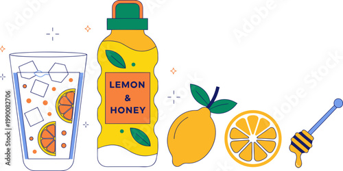 Vector illustration of lemon and honey drink components including a bottle a glass with ice and lemon slices fresh citrus fruit and a honey dipper isolated on white background beverage refreshing