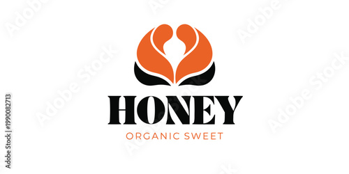 Organic honey brand logo with abstract orange and black droplet icon on a white background bold typography for natural food products and healthy sweeteners eco friendly identity abstract