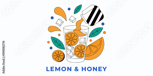 Creative vector illustration of a lemon and honey drink with juice pouring into a glass containing ice and citrus slices surrounded by leaves and branding text for a healthy product, illustration
