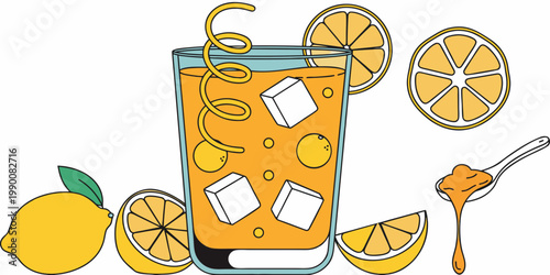 Detailed vector artwork of a cold lemon and honey drink in a glass with a lemon twist ice and a spoon dripping with honey accompanied by whole fruit and citrus segments beverage refreshment