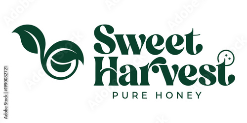 Canvastavla Sweet harvest pure honey logo featuring green leaf icons and elegant serif typog