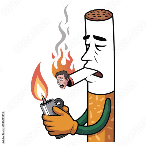 Surreal cartoon of giant cigarette holding lighter and smoking smaller cigarette featuring screaming human face trapped inside burning tip
