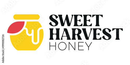 Sweet harvest honey logo illustration showing a yellow honey pot with dripping liquid and a red leaf detail for organic food brand identification dripping identity illustration packaging business