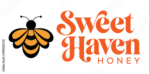Sweet haven honey brand logo featuring a detailed orange and black bee icon with retro style typography for high quality apiary and organic food products identity illustration beekeeping packaging