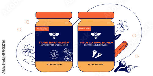 Graphic illustration of two family size jars of pure raw honey and infused honey with cinnamon and clove cinnamon infusion packaging illustration condiment apiculture beekeeping ingredient