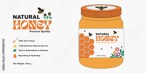 Premium quality natural honey jar illustration with honeycomb and flower label design for organic food branding honeycomb antioxidant vitamins nourishing hydrating container illustration