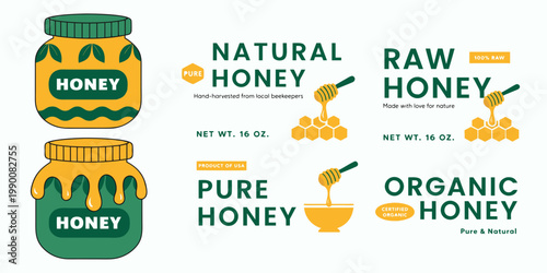 Collection of honey product labels and jar designs featuring raw organic and natural honey with dipper and honeycomb icons honeycomb apiculture beekeeping packaging branding illustration