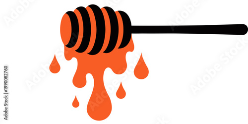 Minimalist flat design vector illustration of a black honey dipper with orange honey dripping and large droplets falling isolated on a white background dripping droplets breakfast ingredient