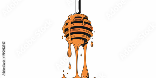 Detailed line art style vector illustration of a wooden honey dipper with rich amber honey dripping and flowing downwards in a high contrast graphic style dripping detailed breakfast ingredient