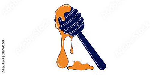 Artistic vector graphic of a dark blue honey dipper at an angle with thick orange honey dripping and creating a small pool at the base on a white background dripping breakfast ingredient culinary