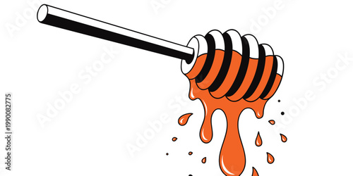 Contemporary vector illustration of a modern honey dipper with bright orange honey dripping down and small splatters scattered around the main subject dripping splatter breakfast ingredient