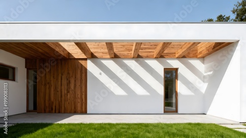 Minimalist home design with white walls, flat roof, and wooden accents, soft shadows, green lawn