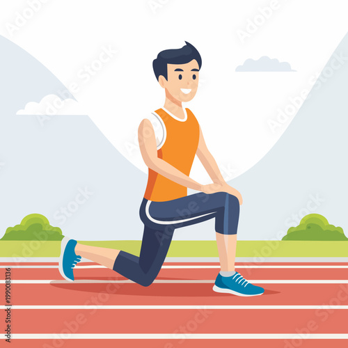 Man performing lunge exercise on running track outdoors.