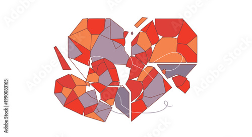 Broken heart, mosaic heart, shattered love, red orange purple, vector icon