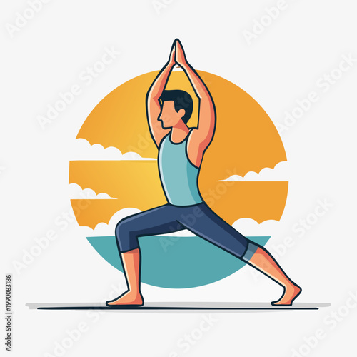 Man practicing yoga warrior pose at sunset illustration.