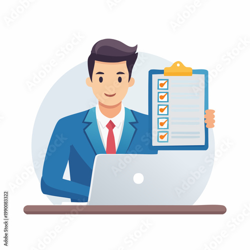 Man with Checklist and Laptop - Business and Productivity.