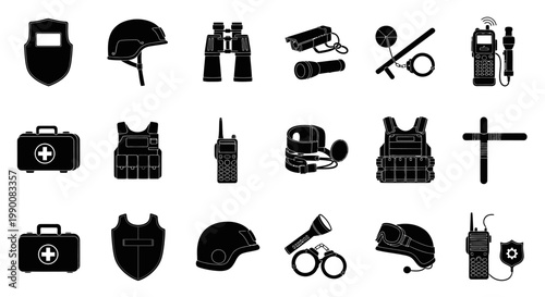 Collection of police and military equipment silhouettes for security and emergency services.