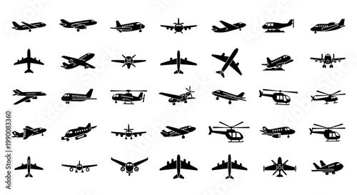 Collection of various aircraft silhouettes including planes and helicopters.