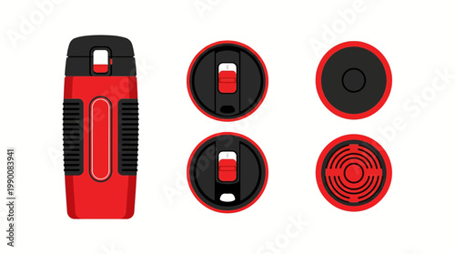 Red and black insulated water bottle with interchangeable lids shown from multiple angles on a white background.