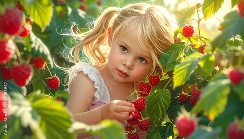 A young, fair-haired child gazes intently amidst a vibrant raspberry bush, illuminated by soft sunlight
