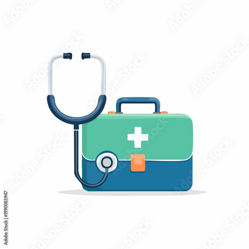 Medical First Aid Kit and Stethoscope for Healthcare and Emergency.