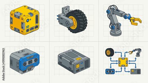 Set of isometric icons representing robotic components and systems for educational or industrial applications.