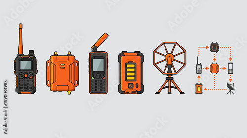Collection of communication devices and equipment, including walkie-talkies, satellite dishes, and power sources, illustrating connectivity and technology.